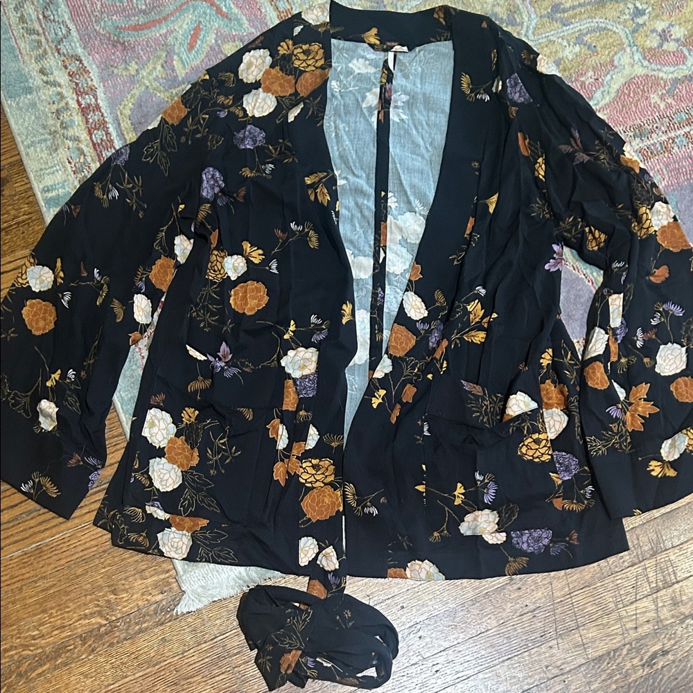 Free People Black Floral Open Front Kimono Cardigan